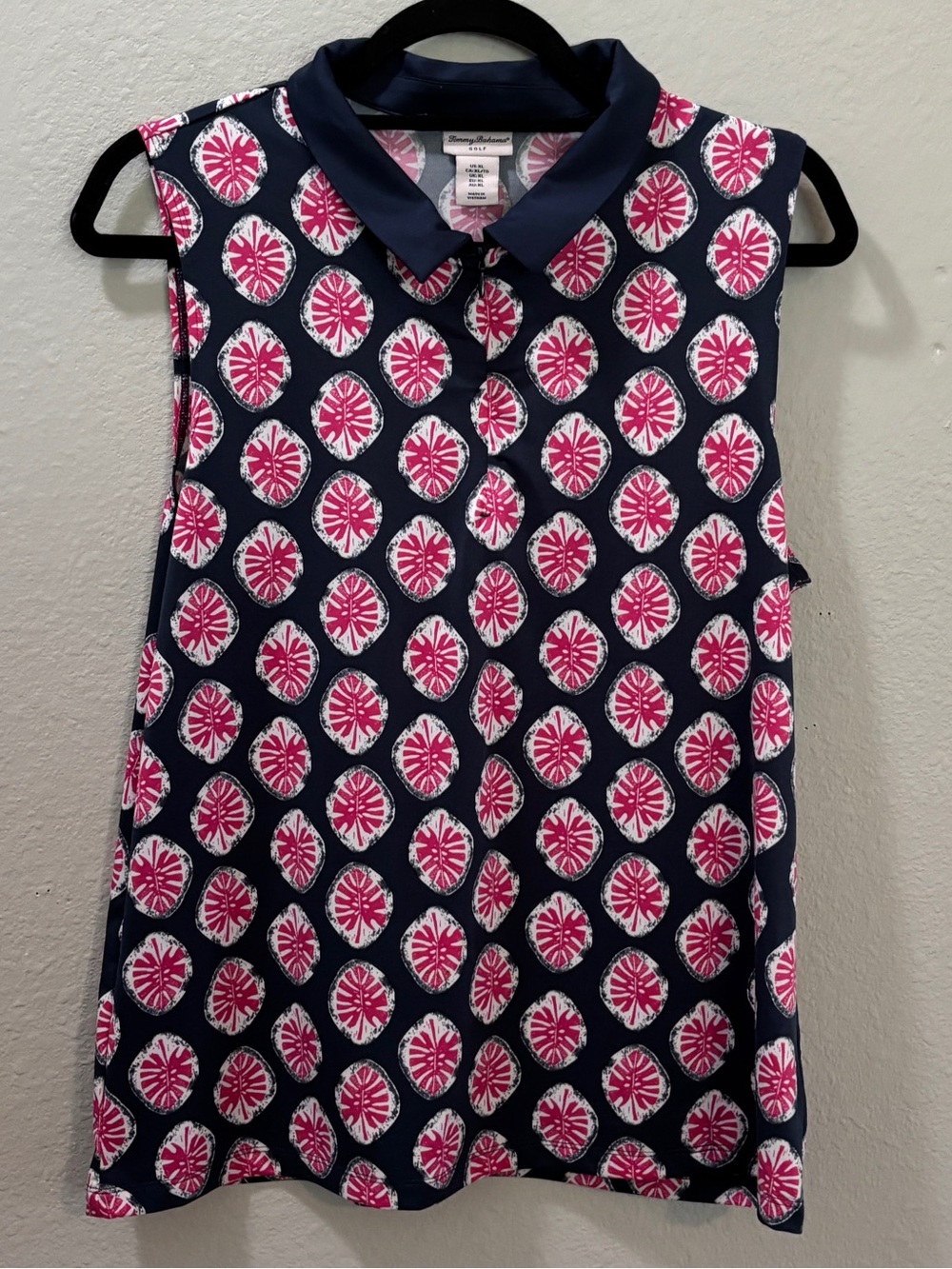 Tommy Bahama Golf Navy Pink Tropial Print Sleeveless Polo Top Size XL